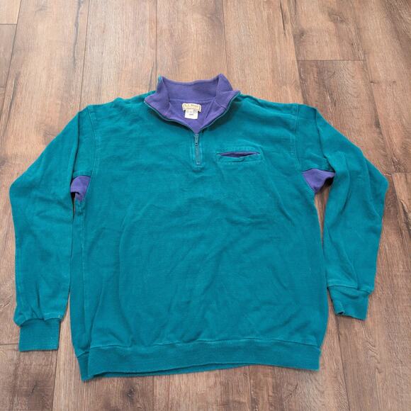 VTG LL Bean Men's XL Teal Purple Quarter Zip Sweatshirt Pocket Retro USA 80s